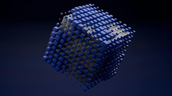 Blue three-dimensional data cube on a dark background