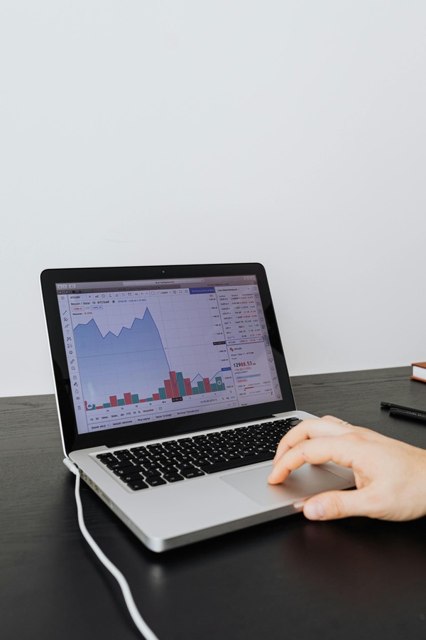 Person using a laptop with a price chart on screen