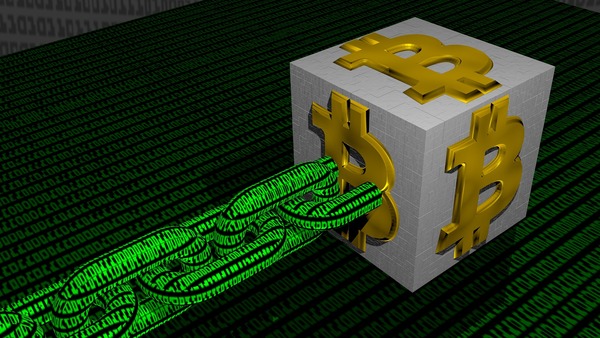 Golden coin cube connected to a green data stream