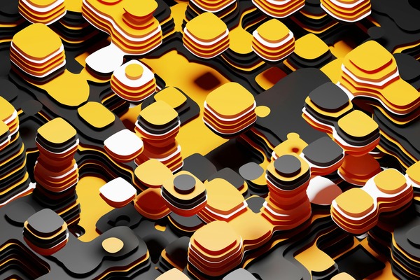 Abstract layered blocks in gold, black and red