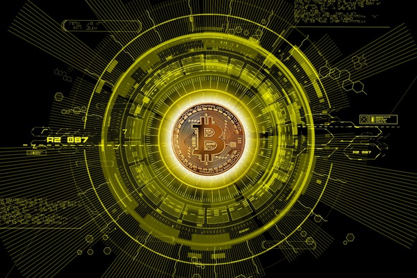 Glowing digital coin inside a futuristic circuit ring