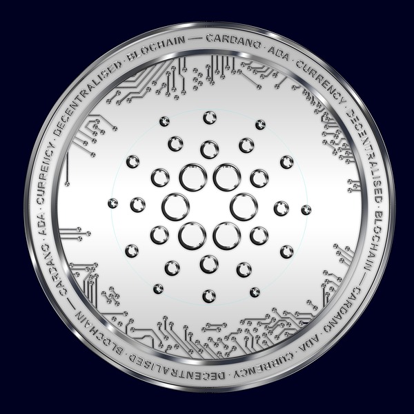 Silver Cardano coin with a circular dot pattern